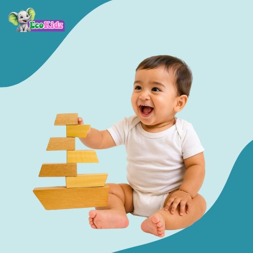 eco-friendly wooden balancing boat – educational stacking toy for toddlers 2+ years