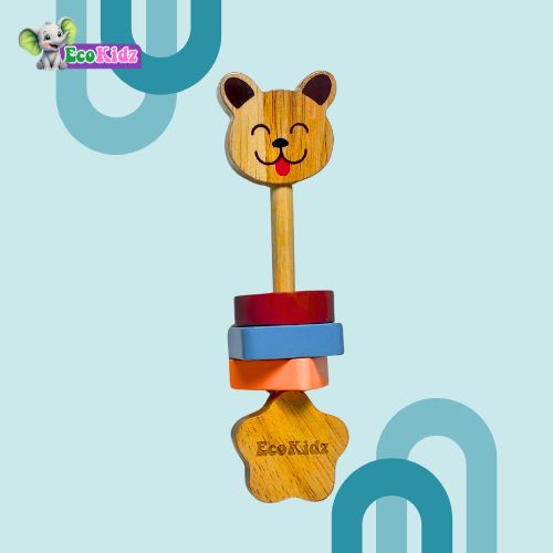 wooden baby rattle – dog face star handle toy (0+ months, eco-friendly)
