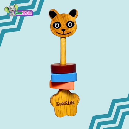 Wooden Baby Rattle – Panda Face with Star Handle (0+ Months, Eco-Friendly)
