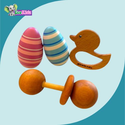 Soothe, Shake & Explore: Wooden Baby Set - Teether, Rattle & Eggs Combo!!