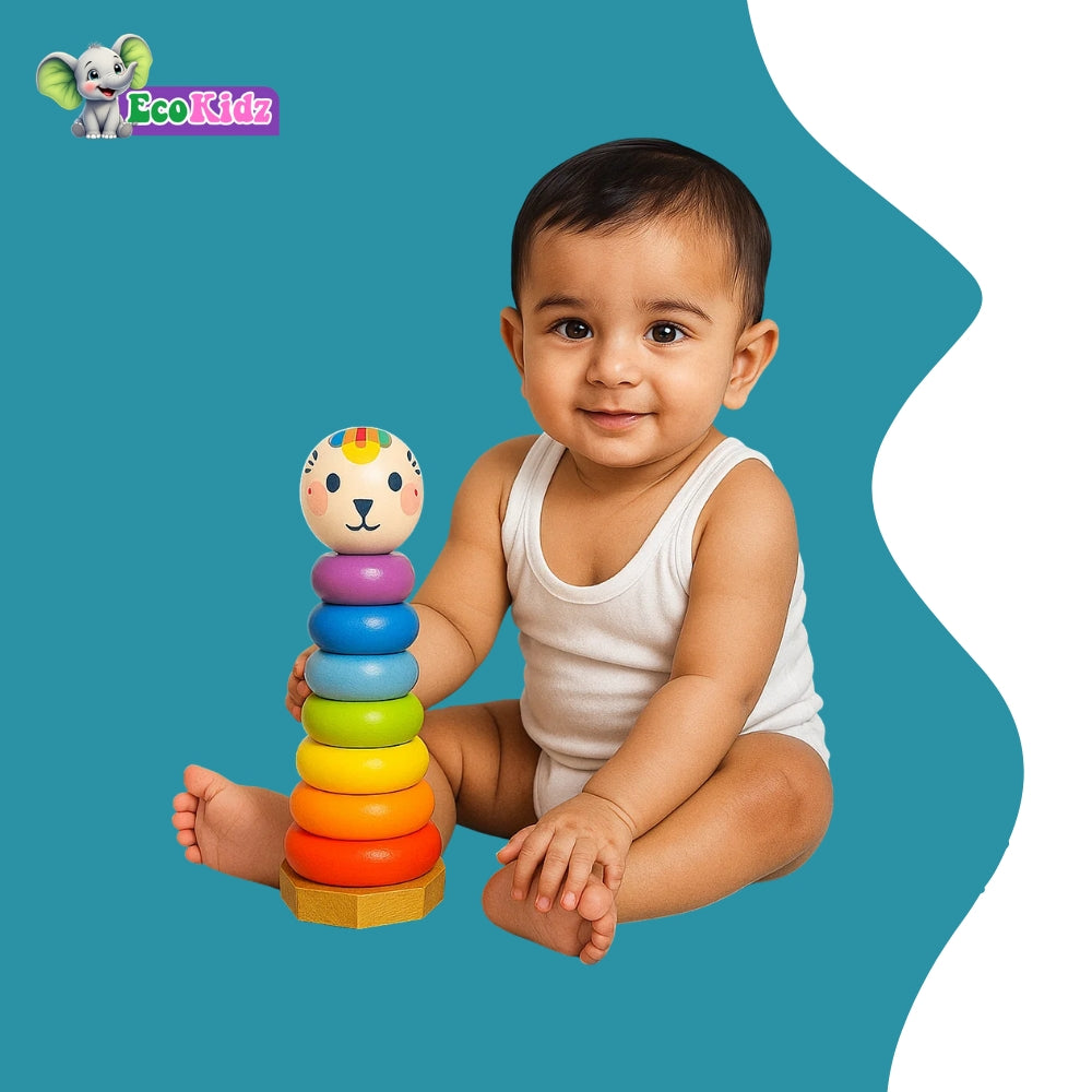 wooden rainbow stacking toy for toddlers (12+ months) – 7 ring montessori stacker