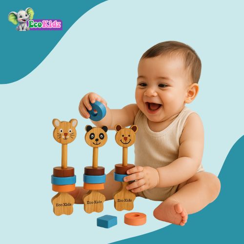 wooden baby rattle – panda face with star handle (0+ months, eco-friendly)