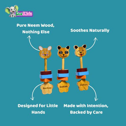 Wooden Baby Rattle – Dog Face Star Handle Toy (0+ Months, Eco-Friendly)