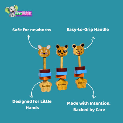 Wooden Baby Rattle – Panda Face with Star Handle (0+ Months, Eco-Friendly)